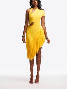 Hanifa Yellow One-Shoulder Fringe Cutout Dress